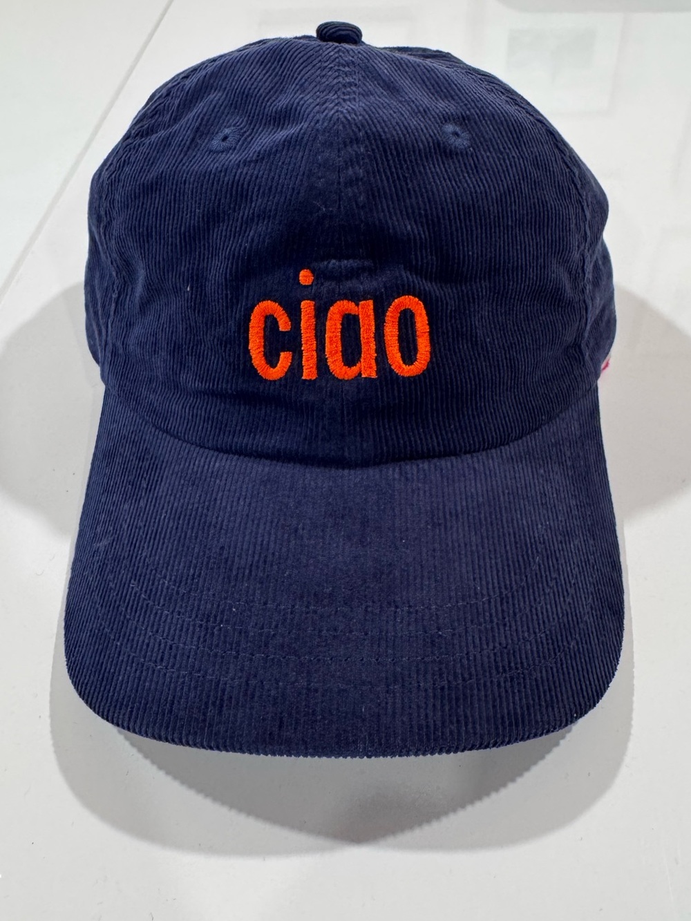 Navy Corduroy Hat with Orange Embroidered Ciao